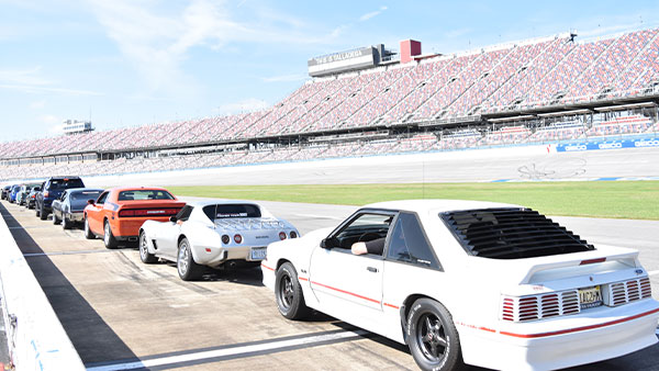 A line of sports cars staged on pit road at a large speedway for track laps. In the foreground is a white Ford Mustang with black wheels and rear window louvers, followed by a white Chevrolet Corvette and an orange Dodge Challenger. Grandstands stretch along the opposite side of the track under a clear blue sky.