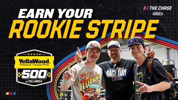 Earn Your Rookie Stripe graphic for the YellaWood 500 at Talladega, featuring three fans posing together at the track.