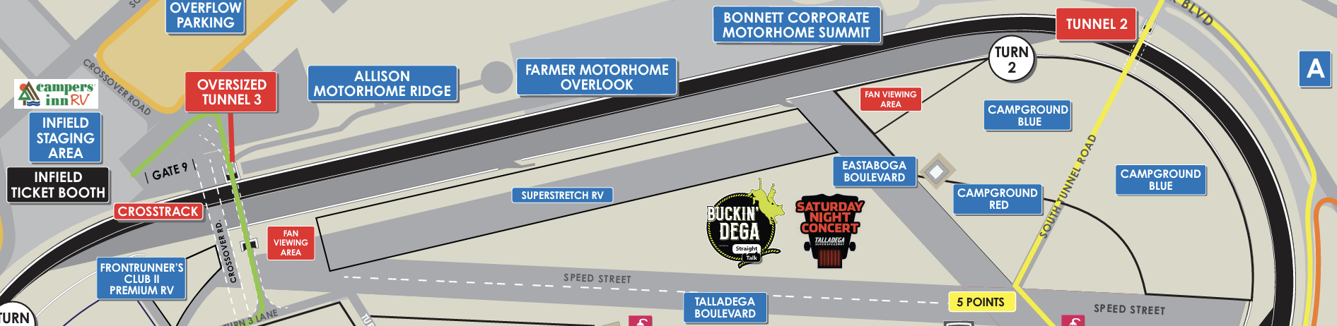 Talladega Superspeedway infield map showing camping areas, motorhome lots, tunnels, fan viewing areas, tram routes, and event locations.