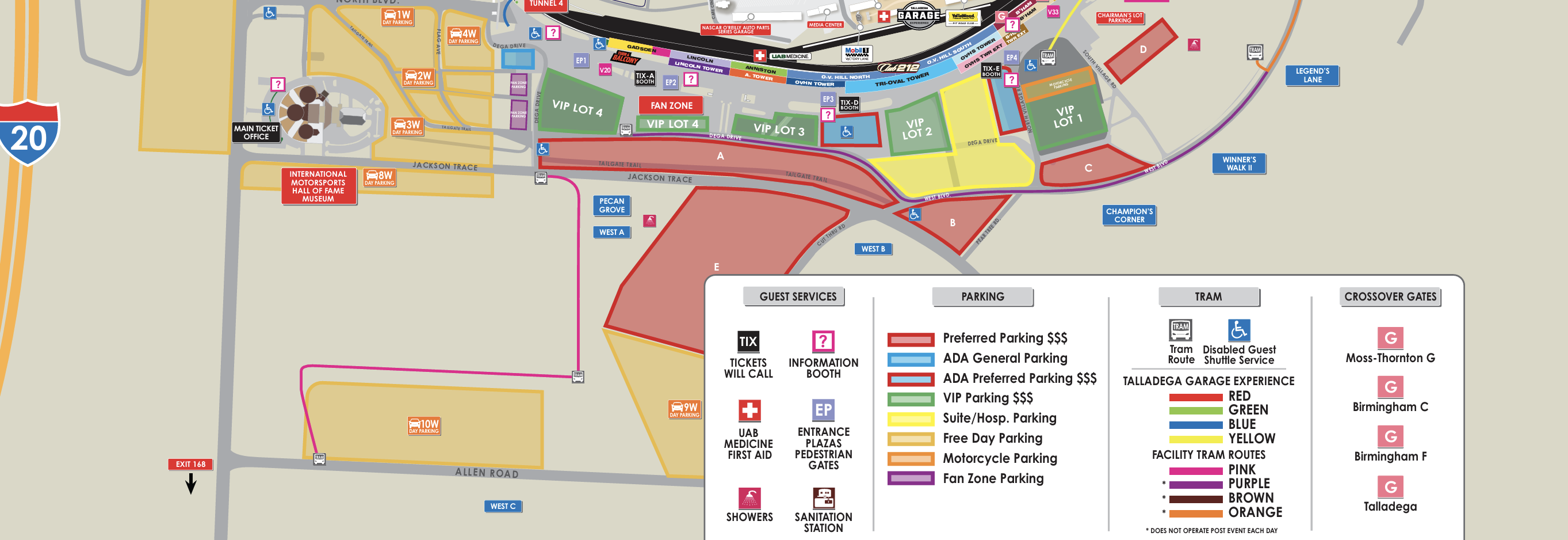 Talladega Superspeedway facility map showing the Main Ticket Office, day parking lots, VIP parking, ADA parking, Fan Zone, tram routes, and guest services.