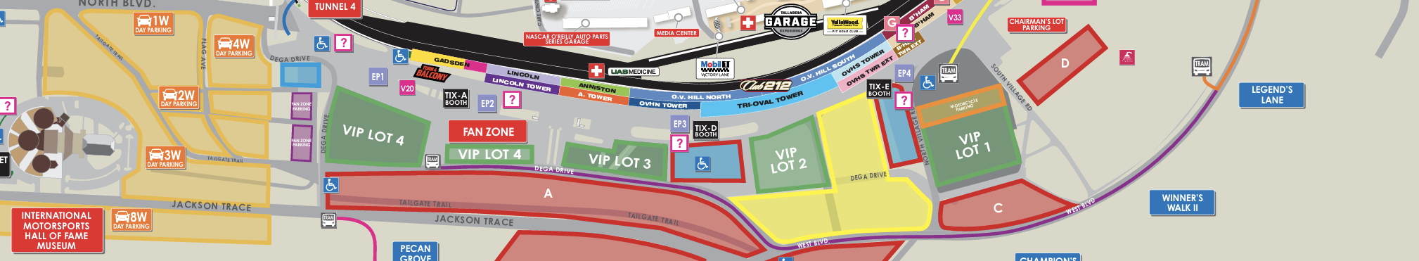 Talladega Superspeedway map showing Tunnel 4, VIP parking lots, ADA parking, Fan Zone, day parking areas, tram routes, and nearby facility landmarks.